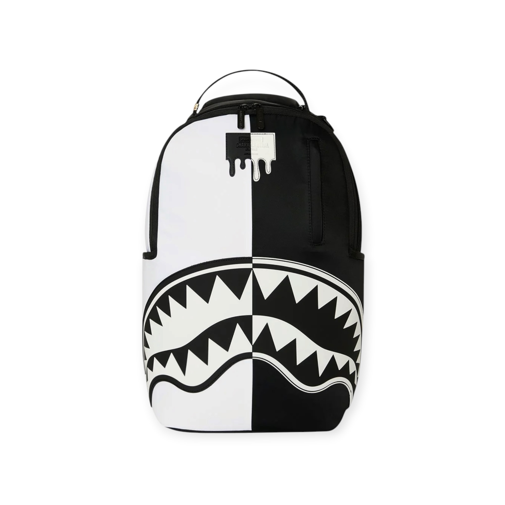 תיק גב מכירה מוקדמת צפי הגעה עד 16.7 SPRAYGROUND SHARK CENTRAL BLACK AND WHITE STENCIL BACKPACK