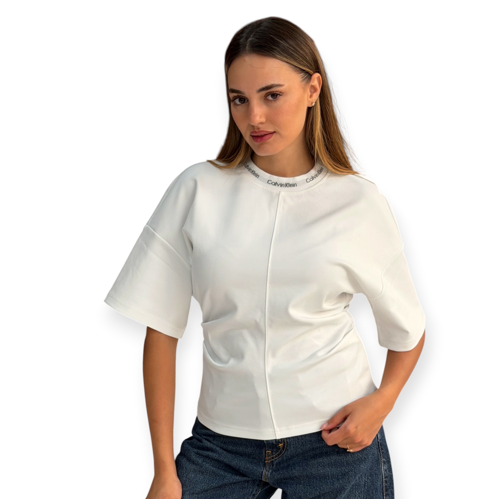 חולצה נשים CALVIN KLEIN LOGO NECK INTERLOCK חולצה נשים CALVIN KLEIN LOGO NECK INTERLOCK