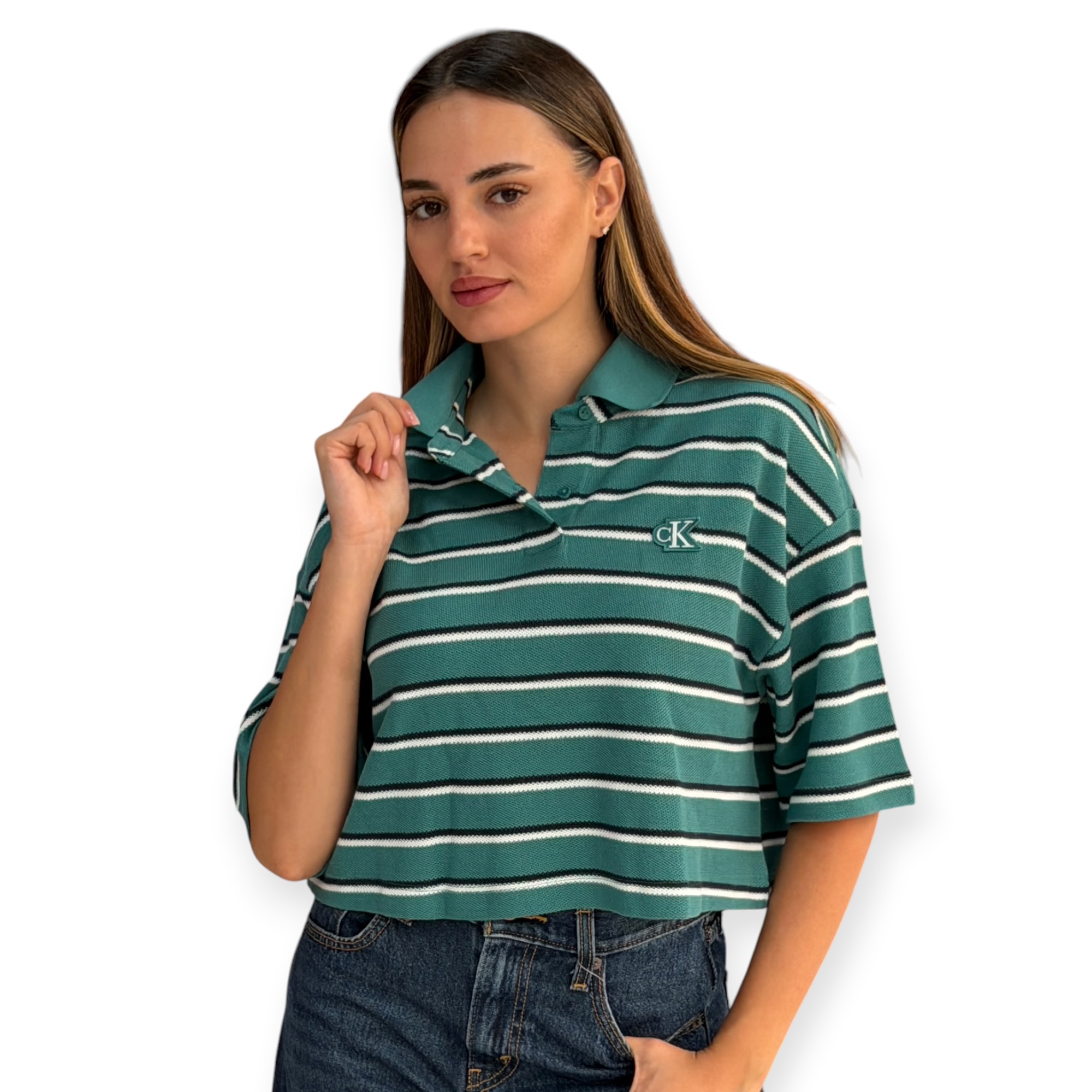 חולצה נשים CALVIN KLEIN PIQUE STRIPED POLO חולצה נשים CALVIN KLEIN PIQUE STRIPED POLO