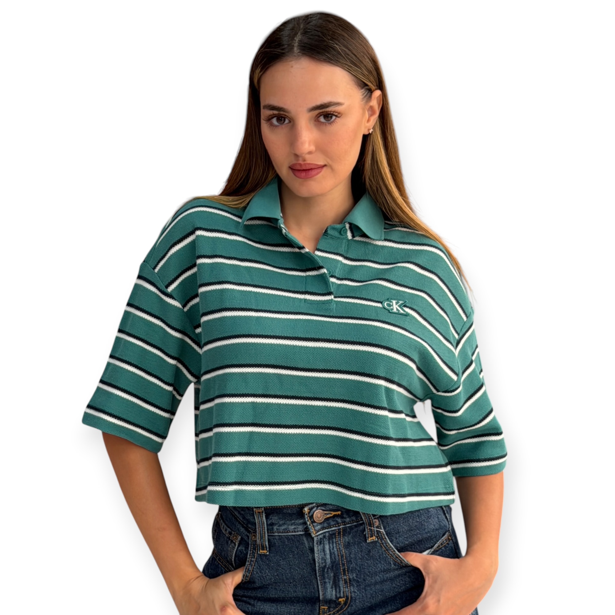 חולצה נשים CALVIN KLEIN PIQUE STRIPED POLO חולצה נשים CALVIN KLEIN PIQUE STRIPED POLO
