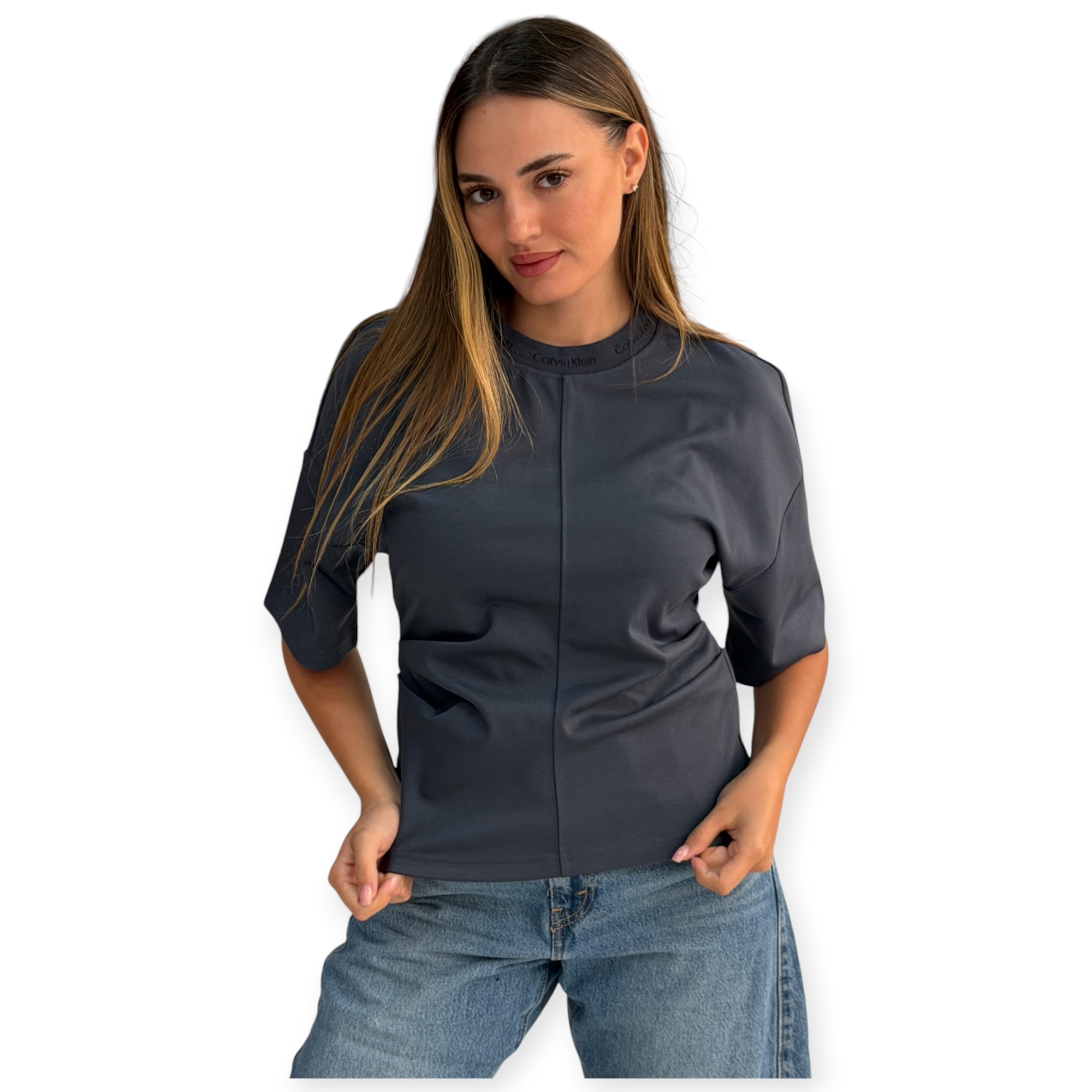 חולצה נשים כחול CALVIN KLEIN LOGO NECK INTERLOCK חולצה נשים כחול CALVIN KLEIN LOGO NECK INTERLOCK