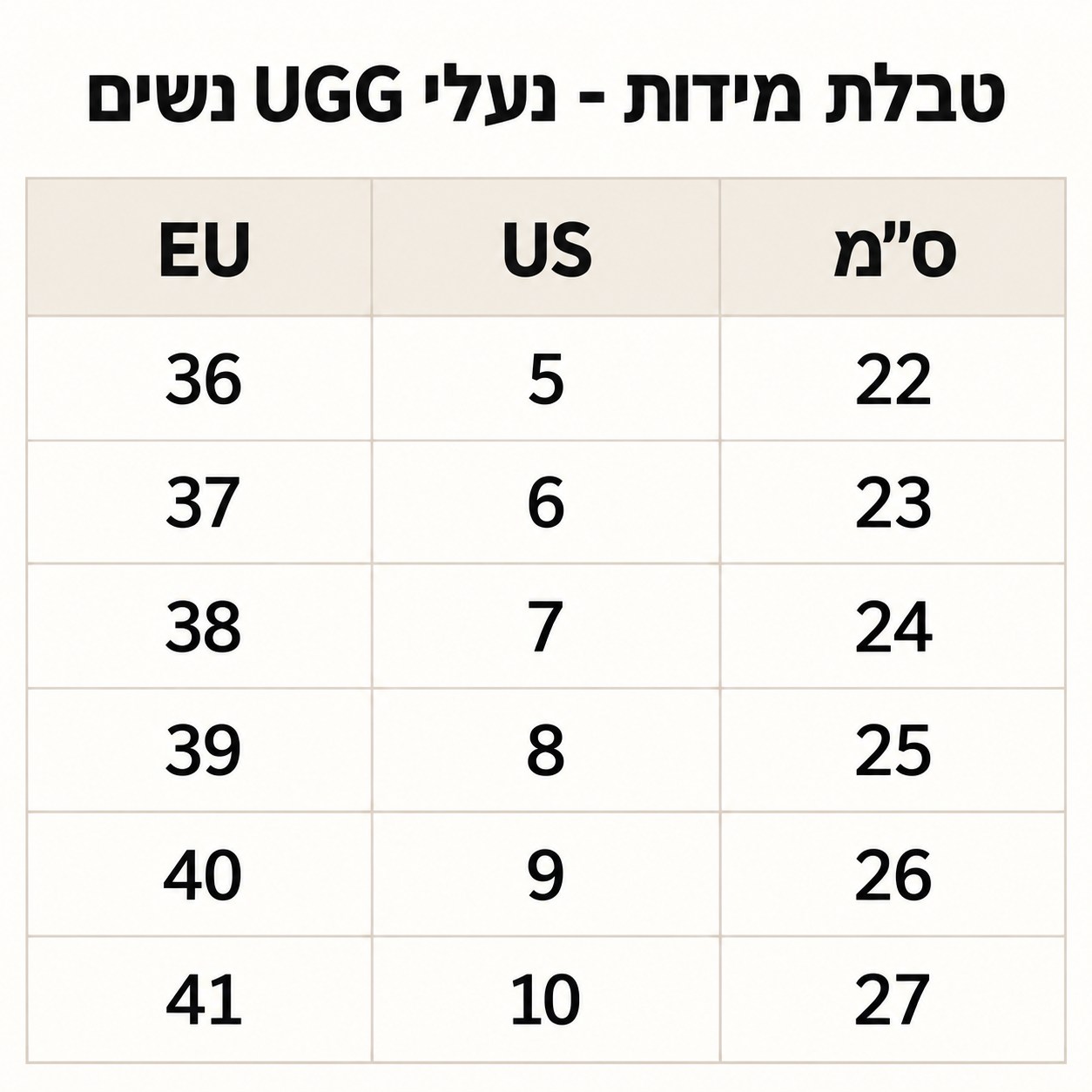 טבלת מידות - נעלי UGG נשים