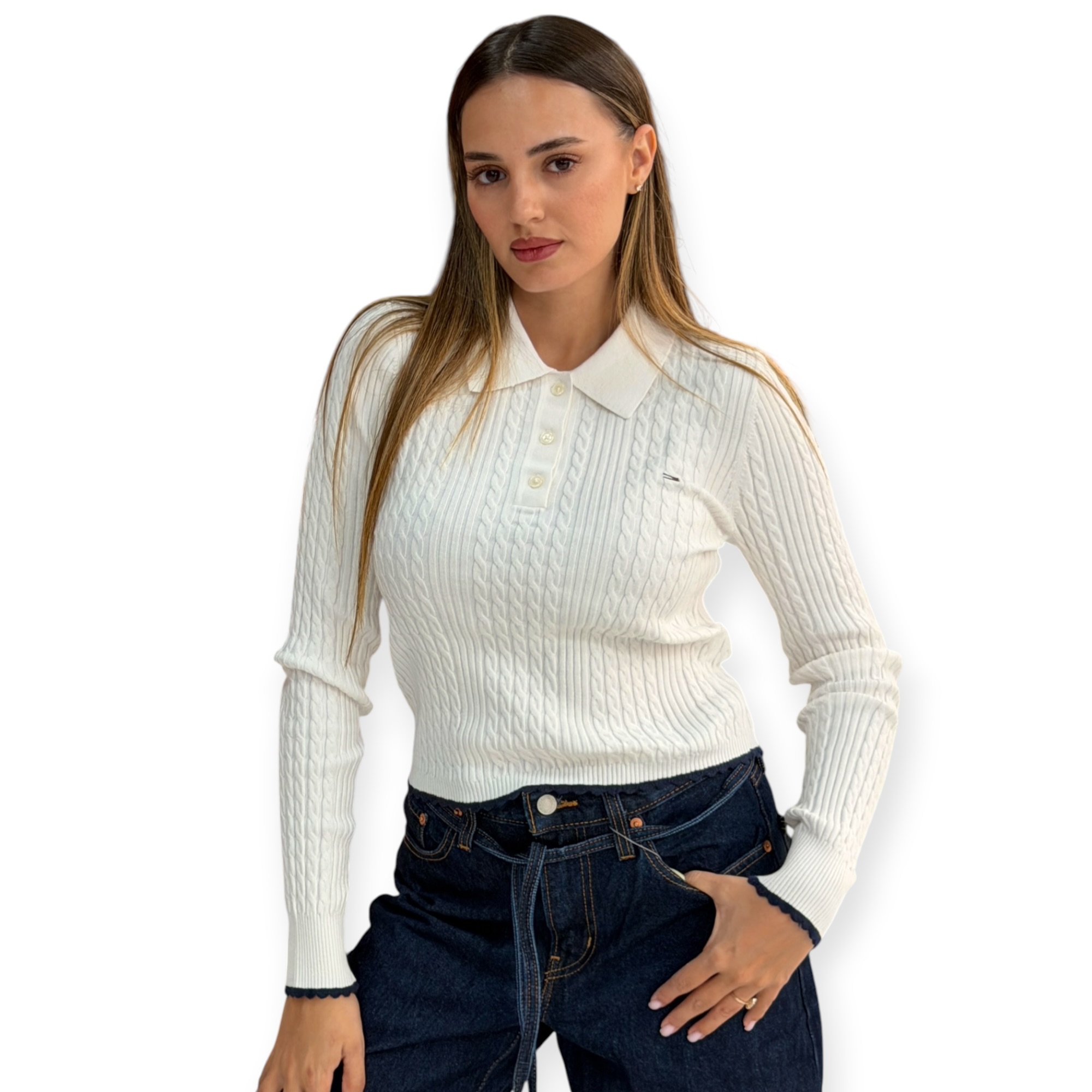 סריג נשים TOMMY HILFIGER CABLE POLO SWEATER סריג נשים TOMMY HILFIGER CABLE POLO SWEATER