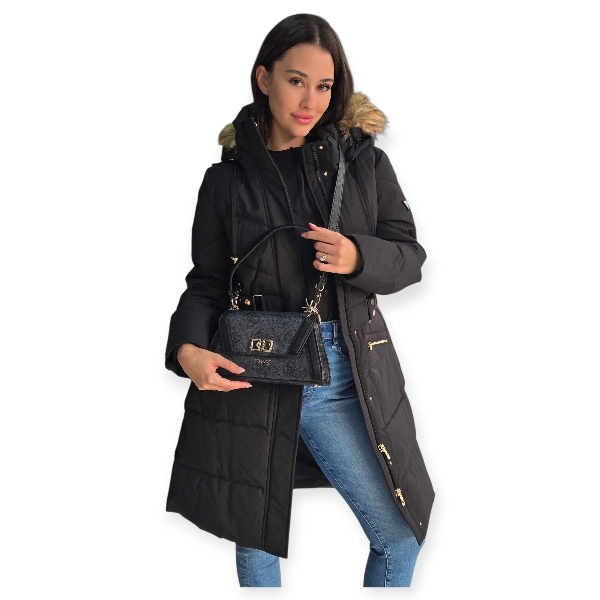 מעיל GUESS FATEMA BELTED PUFFER מעיל GUESS FATEMA BELTED PUFFER