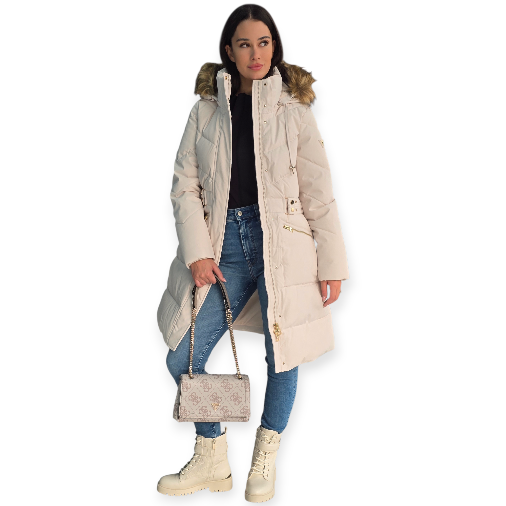 מעיל GUESS FATEMA BELTED PUFFER מעיל GUESS FATEMA BELTED PUFFER